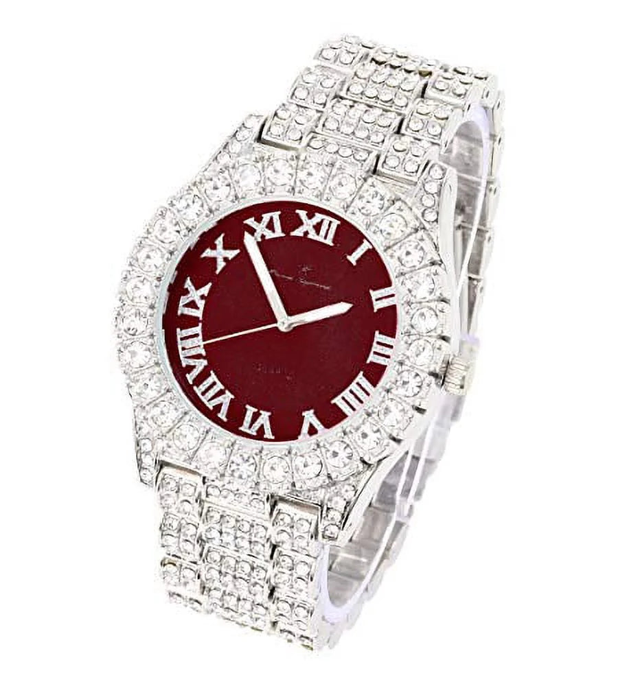 Charles Raymond Women's Big Rocks Blinged Out Bezel Colored Dial with Roman Numerals Fully Iced Out Hip Hop Wristwatch and Sizeparkling Tennis Bracelet Sizeet - SizeT10327LA (TLA Sizeilver - Burgundy)