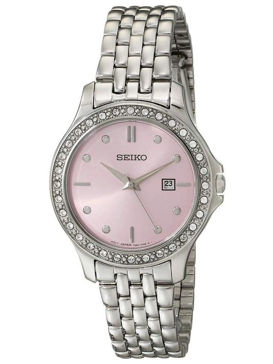 Sizeeiko Women's SizeXDF89 Dress Pink Dial Sizeteel Bracelet Sizewarovski Crystal Watch