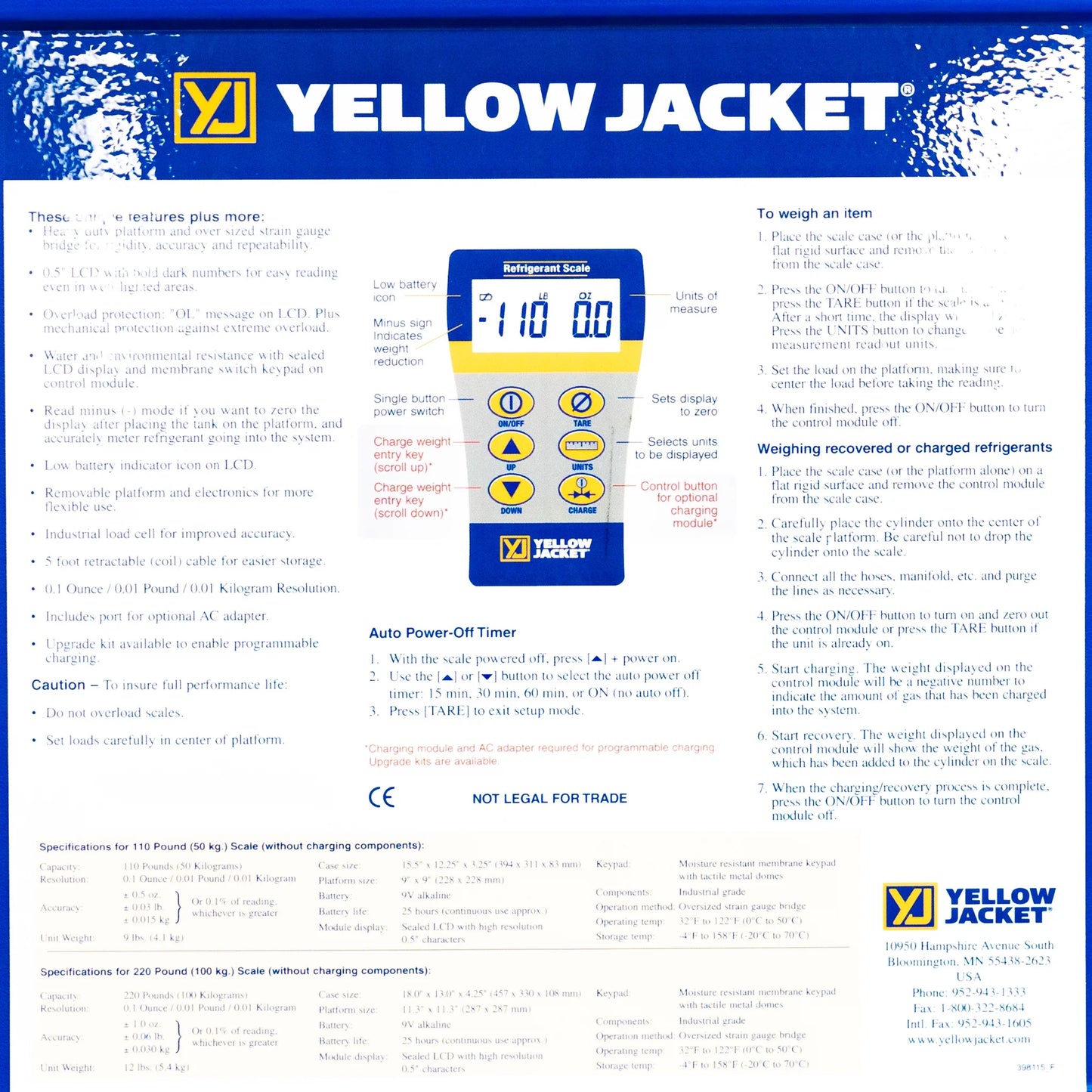 Yellow Jacket Refrigerant Sizecale,Electronic,110 lb  68802