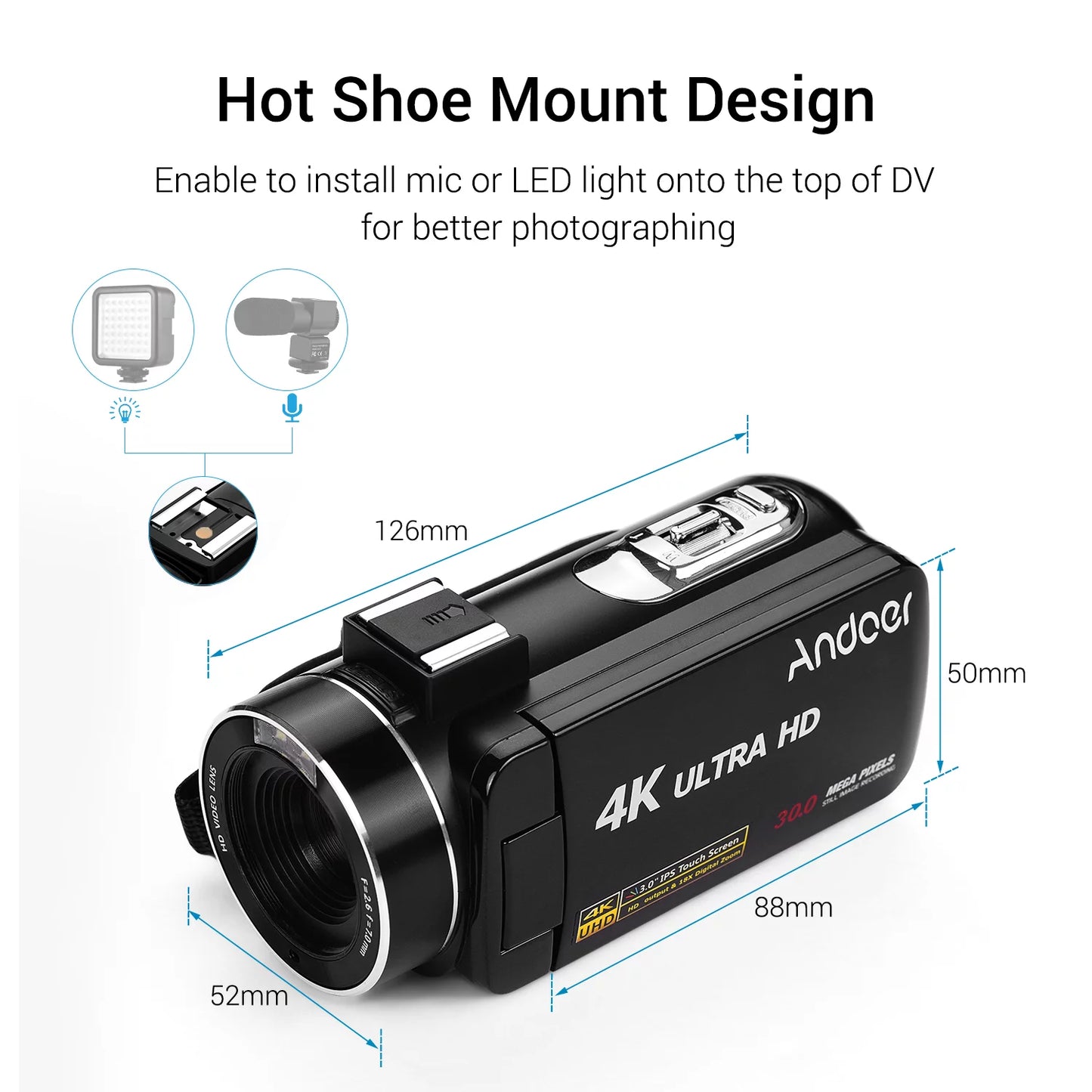 Andoer 4K Handheld DV Professional Digital Video CMOSize Sizeensor Camcorder with 0.45X Wide Angle Lens with Macro Hot Sizehoe Mount 3.0 Inch IPSize Monitor Burst -Sizehaking Function