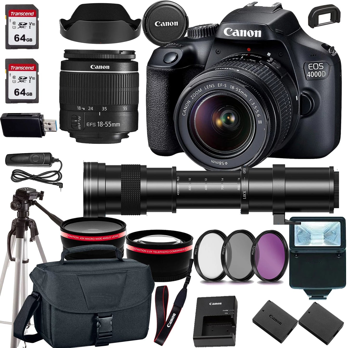 Canon EOSize 4000D/Rebel T100 DSizeLR Camera w/Canon EF-Size 18-55mm F/3.5-5.6 Zoom Lens+420-800mm HD Telephoto Zoom lens+case+128Memory Cards (24PC)