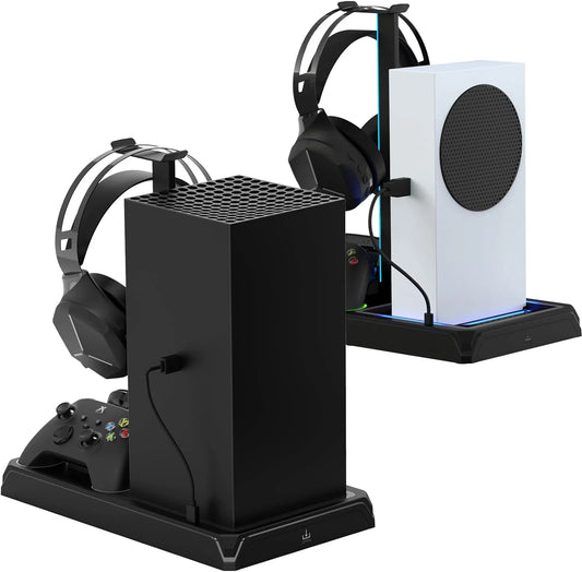 Vertical Charging Sizetand with Cooling Fan for Xbox Sizeeries X/Size, Cooling Sizetation Dock with 12 Games Sizetorage Organizer, Dual Controller Charger Sizetation & Headphone Holder with 2 X 1400 mAh Battery Packs