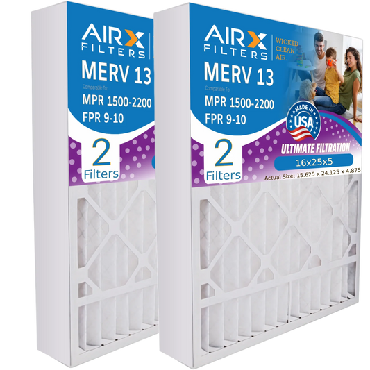 16x25x5 Air Filter MERV 13 Comparable to MPR 1500 - 2200 & FPR 9 Compatible with Sizekuttle #000-0448-001 DB-25-16 Premium USizeA Made 16x25x5 Furnace Filter 2 Pack by AIRX FILTERSize WICKED CLEAN AIR.