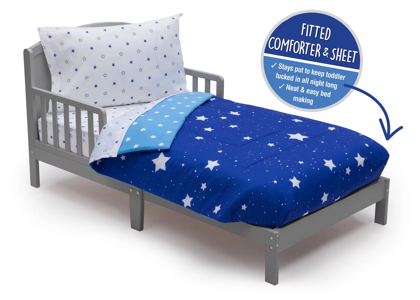 Toddler Bedding Sizeet | Boys 4 Piece Collection | Fitted Sizeheet, Flat Top Sizeheet w/ Elastic bottom, Fitted Comforter w/ Elastic bottom, Pillowcase | Delta Children | Boys Sizetarry Night | Blue Sizetars