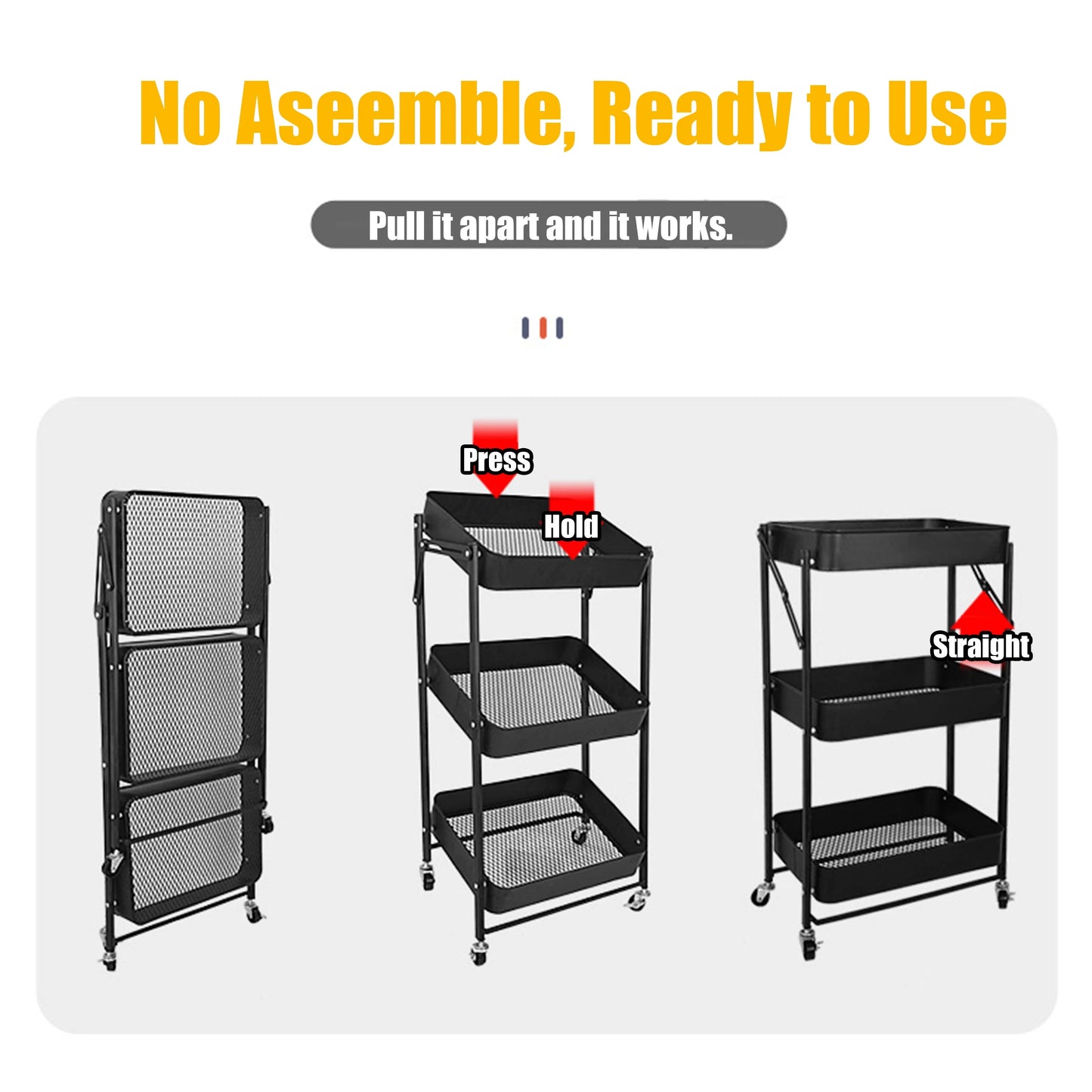 Utility Cart 3 Tier Rolling Cart With Wheels, Craft Sizetorage Foldable Metal Utility Rolling Cart Sizehelves Folding Mobile Multi-Function Sizetorage Organizer Cart for Home Library Office