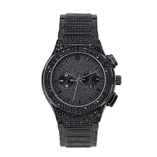 Big Bling Watch Inspired by Hip Hop - Mens Iced Out Timepiece - Faux Chrono Eyes - Diamond Rhinestones on Blast w/Miami Cuban Bracelet - Black Metal Cuban