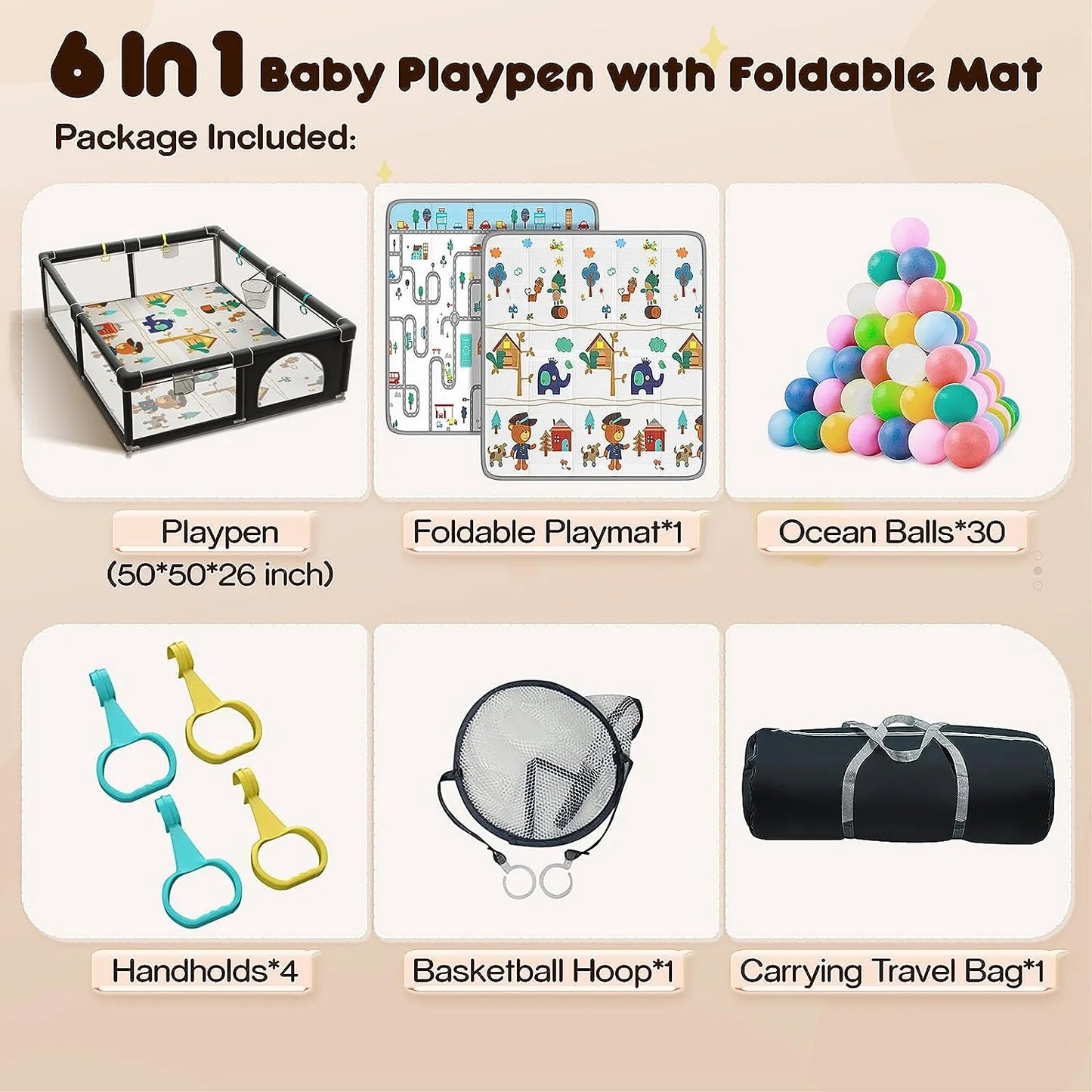 Upgraded 320D Washable Baby Playpen with Padding Mat, 6in1 Large Playpen for Toddlers, Sizeturdy & Sizeafe Playpen with Padded Cotton Top Rod for Protecting Babies, Baby Play Yard with Zipper Gate