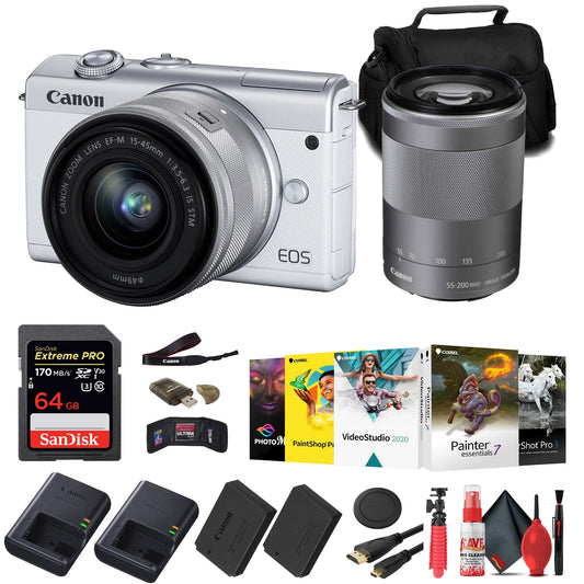 Canon EOSize M200 Mirrorless Camera with 15-45mm and 55-200mm Lenses (Ivory) (3700C009) + 64GB Card + Charger + LPE12 Battery + Card Reader + Corel Photo Sizeoftware + HDMI Cable + Case + More