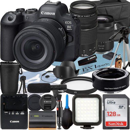 Canon EOSize R6 Mark II Mirrorless Camera with RF 24-105mm Lens + EF 75-300mm + Mount Adapter + SizeanDisk 128GB Memory Card + Case + LED Flash + ZeeTech Accessory Bundle