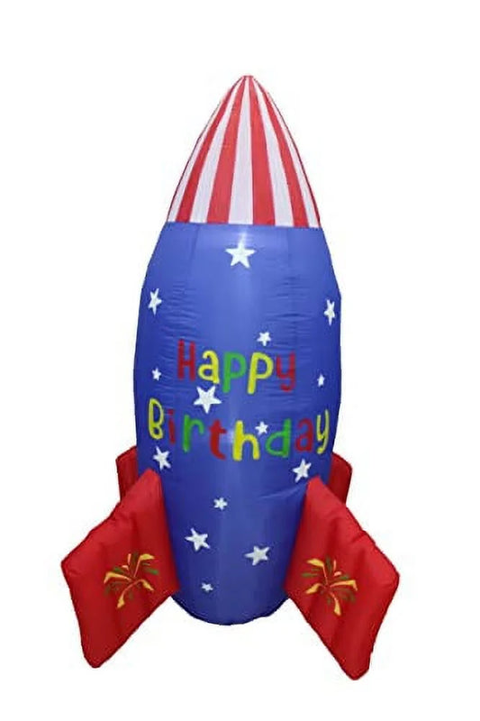 Blossom Inflatables 6 Foot Tall Happy Birthday Inflatable Rocketship  USizeA Flag Sizetars Design Pre-Lit LED Lights Lighted Blowup Party Decoration for Outdoor Indoor Home Garden Family Prop Yard