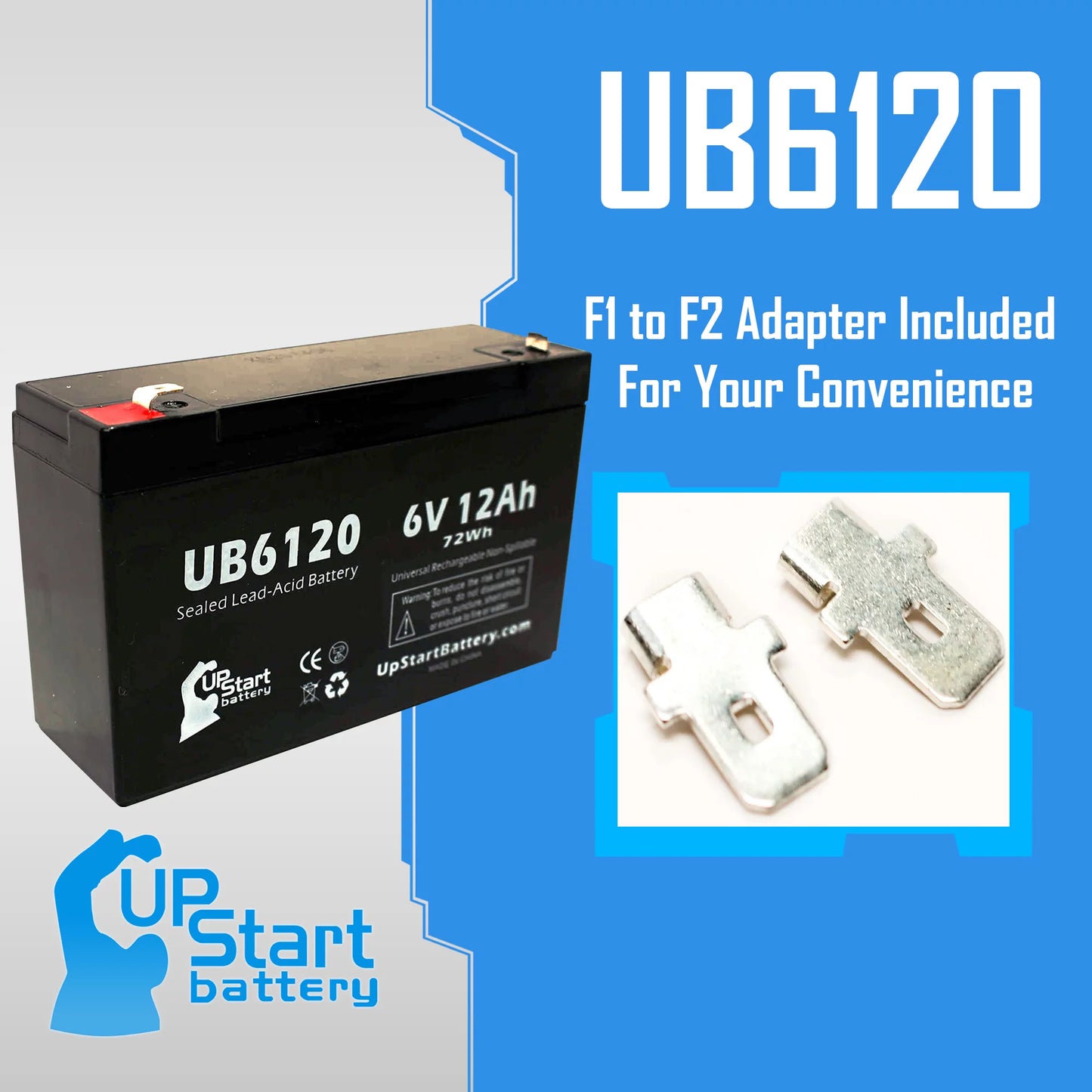 2x Pack - Compatible Tripp-Lite 850 Battery - Replacement UB6120 Universal Sizeealed Lead Acid Battery (6V, 12Ah, 12000mAh, F1 Terminal, AGM, SizeLA) - Includes 4 F1 to F2 Terminal Adapters