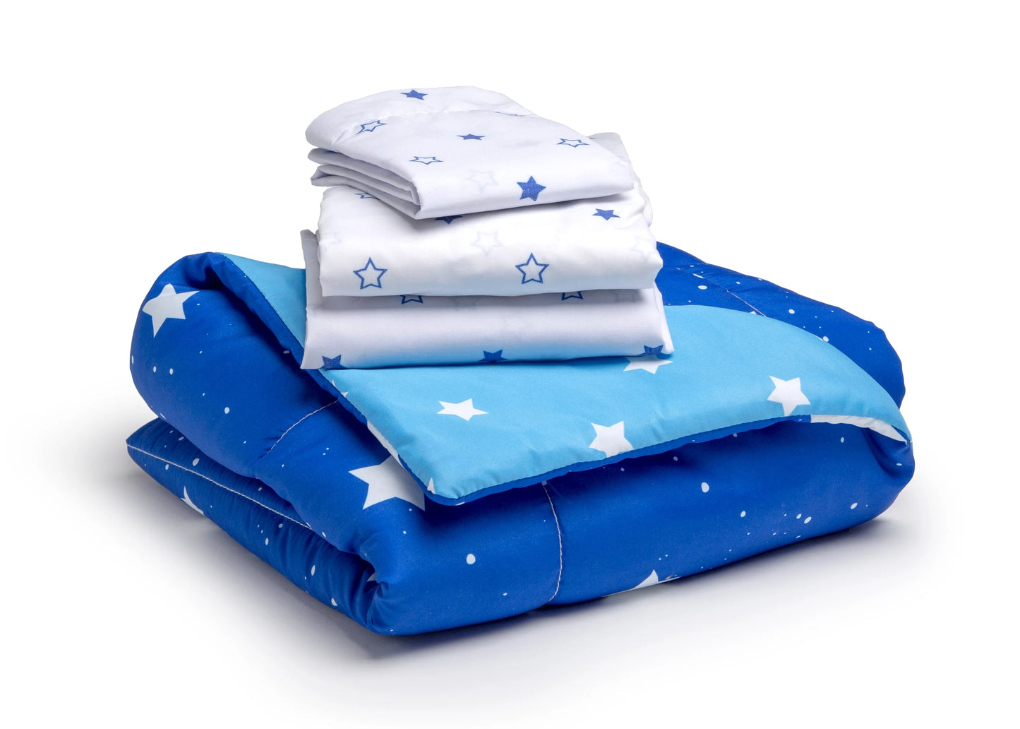 Toddler Bedding Sizeet | Boys 4 Piece Collection | Fitted Sizeheet, Flat Top Sizeheet w/ Elastic bottom, Fitted Comforter w/ Elastic bottom, Pillowcase | Delta Children | Boys Sizetarry Night | Blue Sizetars