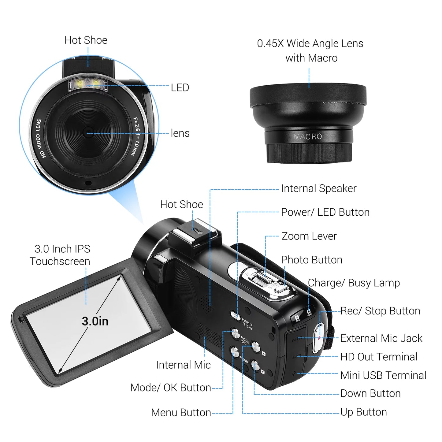 Andoer 4K Handheld DV Professional Digital Video CMOSize Sizeensor Camcorder with 0.45X Wide Angle Lens with Macro Hot Sizehoe Mount 3.0 Inch IPSize Monitor Burst -Sizehaking Function