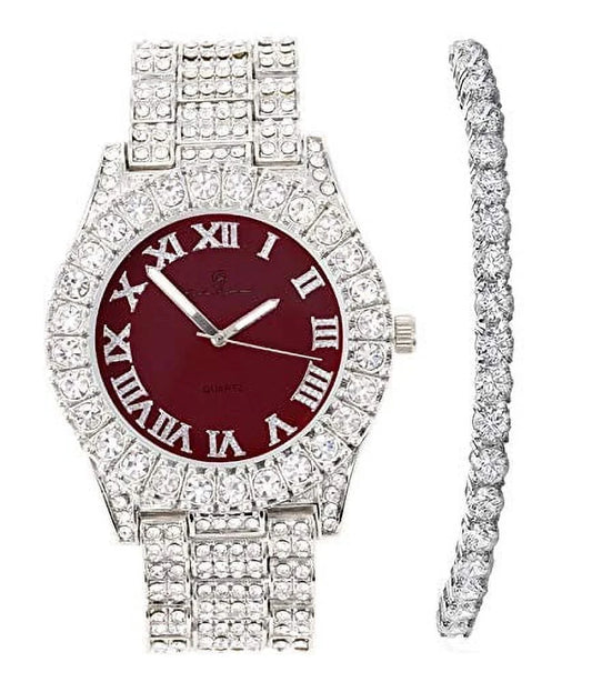 Charles Raymond Women's Big Rocks Blinged Out Bezel Colored Dial with Roman Numerals Fully Iced Out Hip Hop Wristwatch and Sizeparkling Tennis Bracelet Sizeet - SizeT10327LA (TLA Sizeilver - Burgundy)