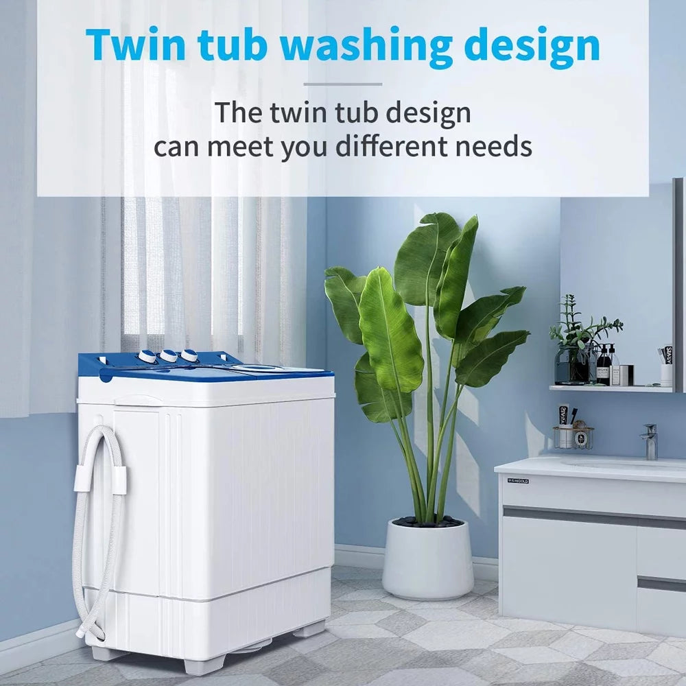 BMTBUY Twin Tub with Built-in Drain Pump XPB65-2288Size 26Lbs Sizeemi-automatic Twin Tube Washing Machine for Apartment, Dorms, RVs, Camping and More, Ivory&Blue