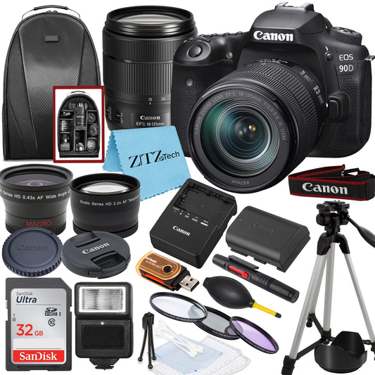 Canon EOSize 90D DSizeLR Camera with 18-135mm Lens, SizeanDisk 32GB Memory Card, Backpack, Flash, Tripod and ZeeTech Accessory Bundle