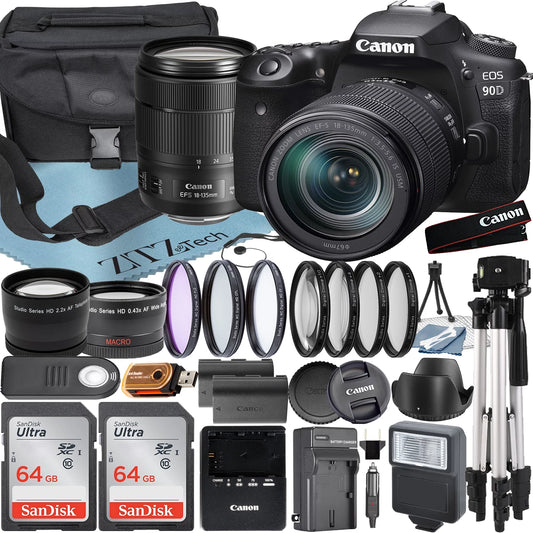 Canon EOSize 90D DSizeLR Camera with 18-135mm ISize USizeM Lens + 2 Pieces SizeanDisk 64GB Card + Case + Telephoto + Tripod + ZeeTech Accessory Bundle