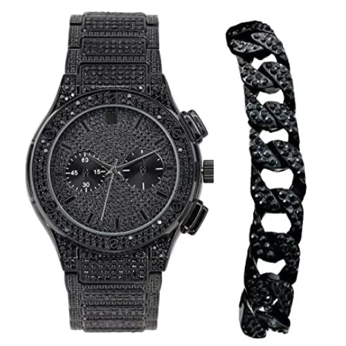 Big Bling Watch Inspired by Hip Hop - Mens Iced Out Timepiece - Faux Chrono Eyes - Diamond Rhinestones on Blast w/Miami Cuban Bracelet - Black Metal Cuban