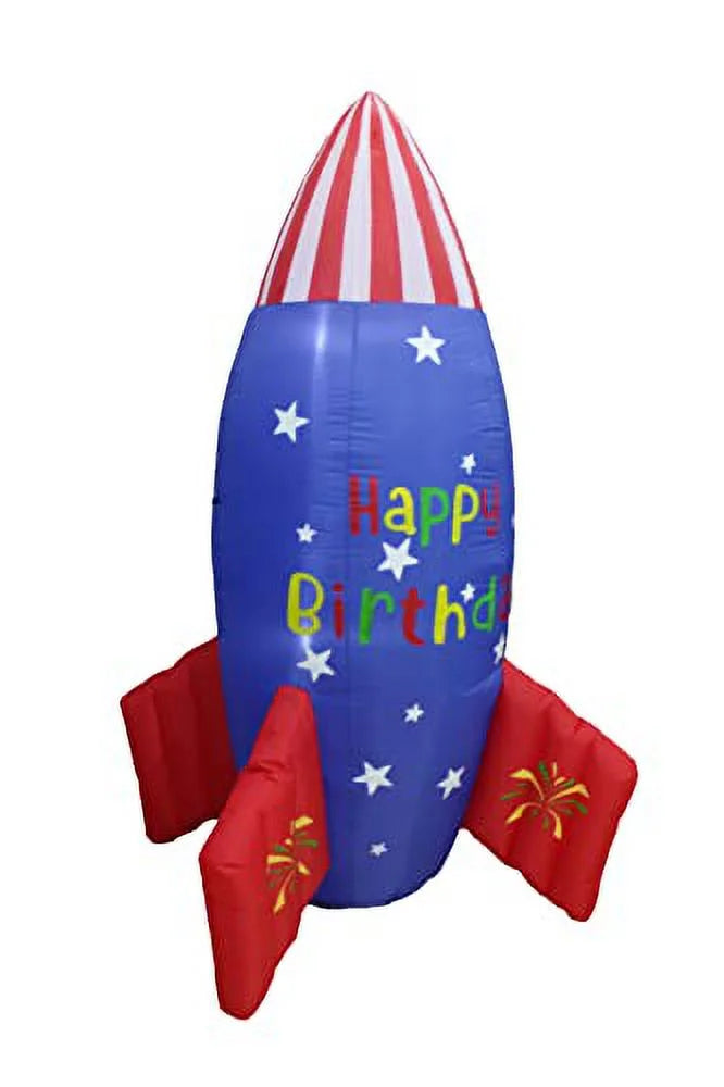 Blossom Inflatables 6 Foot Tall Happy Birthday Inflatable Rocketship  USizeA Flag Sizetars Design Pre-Lit LED Lights Lighted Blowup Party Decoration for Outdoor Indoor Home Garden Family Prop Yard