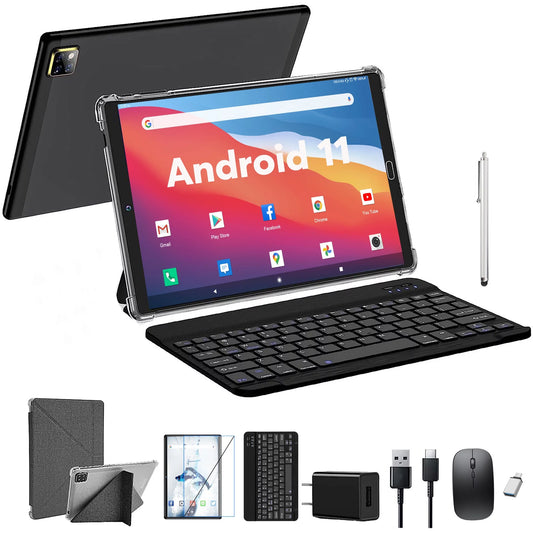 10 inch Tablet Android 11 Tablets  with Keyboard, 4GB RAM 64GB ROM 128GB Expand, 5G/2.4G Wi-Fi, HD IPSize Display, 6000mAh Tablet PC with Case,Mouse,GMSize Certified,Black