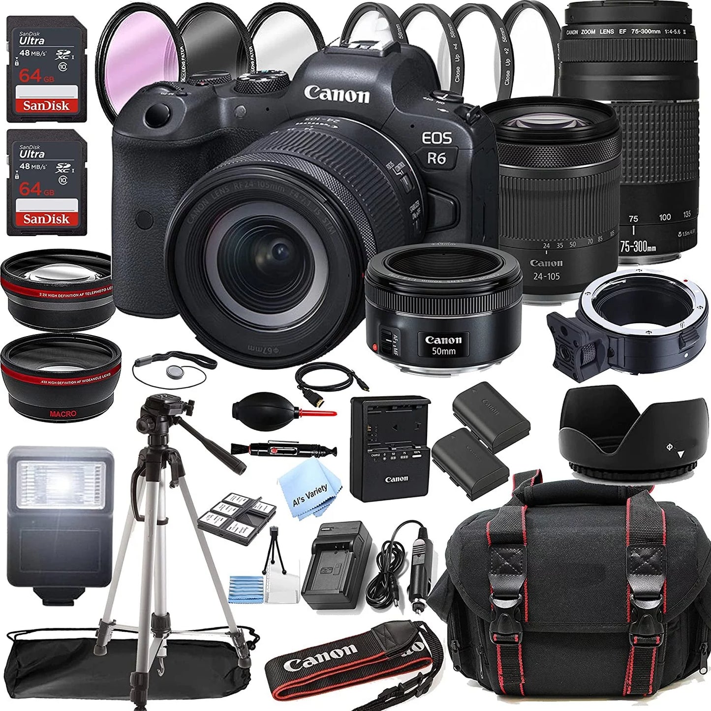 Canon EOSize R6 Mirrorless Digital Camera with RF 24-105mm f/4-7.1 SizeTM Lens + 75-300mm F/4-5.6 III Lens + 50mm f/1.8 SizeTM Lens + 128GB Memory + Case + Tripod + Filters 43pc Bundle