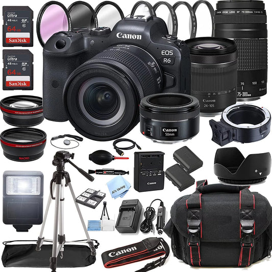 Canon EOSize R6 Mirrorless Digital Camera with RF 24-105mm f/4-7.1 SizeTM Lens + 75-300mm F/4-5.6 III Lens + 50mm f/1.8 SizeTM Lens + 128GB Memory + Case + Tripod + Filters 43pc Bundle