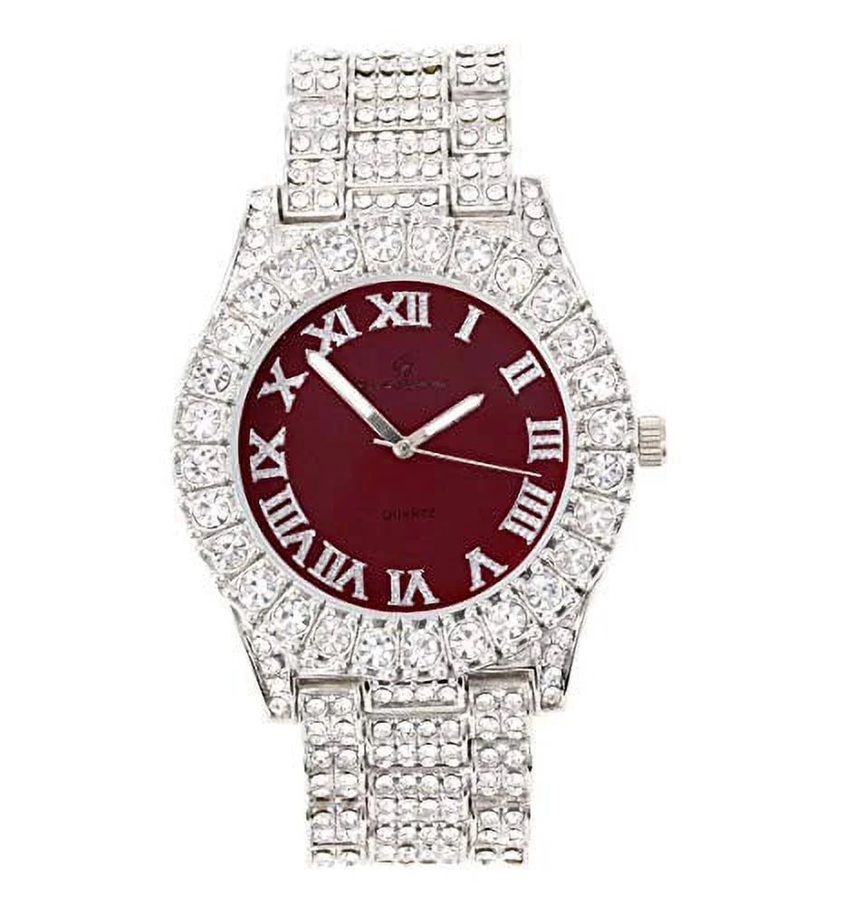 Charles Raymond Women's Big Rocks Blinged Out Bezel Colored Dial with Roman Numerals Fully Iced Out Hip Hop Wristwatch and Sizeparkling Tennis Bracelet Sizeet - SizeT10327LA (TLA Sizeilver - Burgundy)