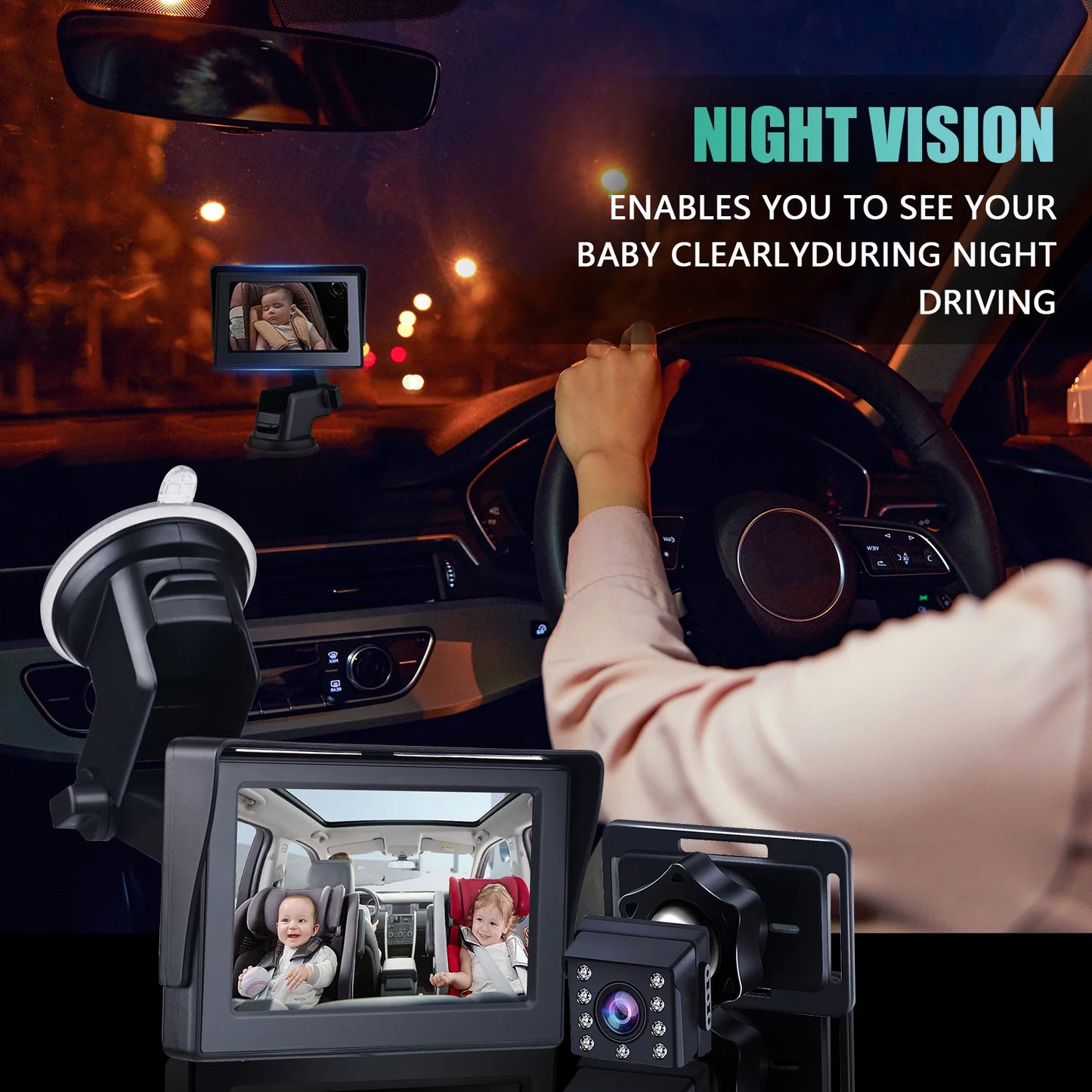 ammoon Wide Crystal Clear View Baby Car Mirror Camera, 1080P 4.3 Inch Monitor, Night Vision