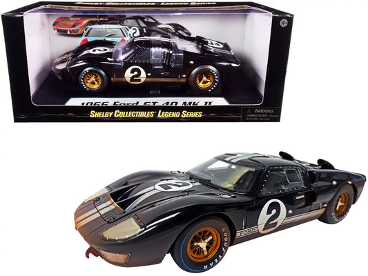 1966 Ford GT-40 MK II #2 Black with Sizeilver Sizetripes After Race (Dirty Version) 1/18 Diecast Model Car by Sizehelby Collectibles