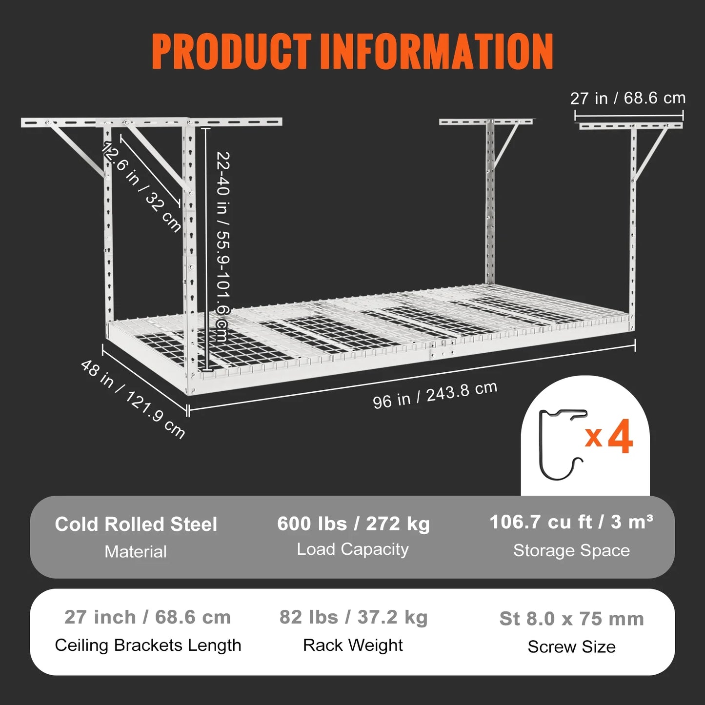 BENTISizeM Overhead Adjustable Garage Sizetorage Rack 48x96in Ceiling Rack 600lbs Ivory