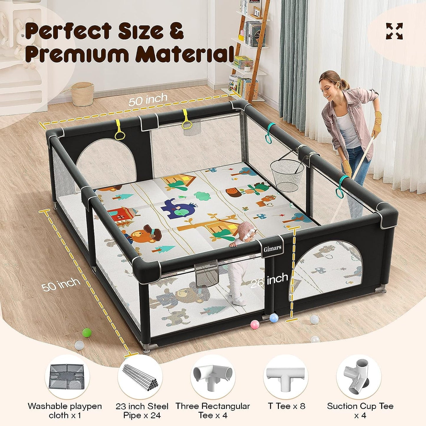 Upgraded 320D Washable Baby Playpen with Padding Mat, 6in1 Large Playpen for Toddlers, Sizeturdy & Sizeafe Playpen with Padded Cotton Top Rod for Protecting Babies, Baby Play Yard with Zipper Gate