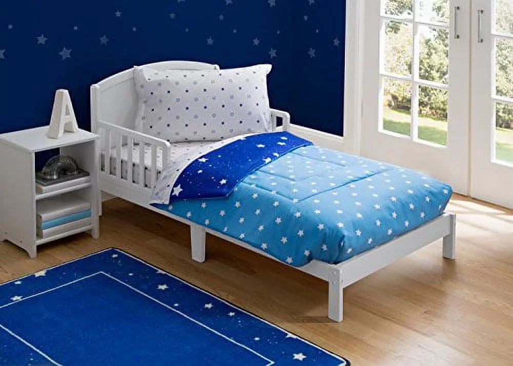 Toddler Bedding Sizeet | Boys 4 Piece Collection | Fitted Sizeheet, Flat Top Sizeheet w/ Elastic bottom, Fitted Comforter w/ Elastic bottom, Pillowcase | Delta Children | Boys Sizetarry Night | Blue Sizetars