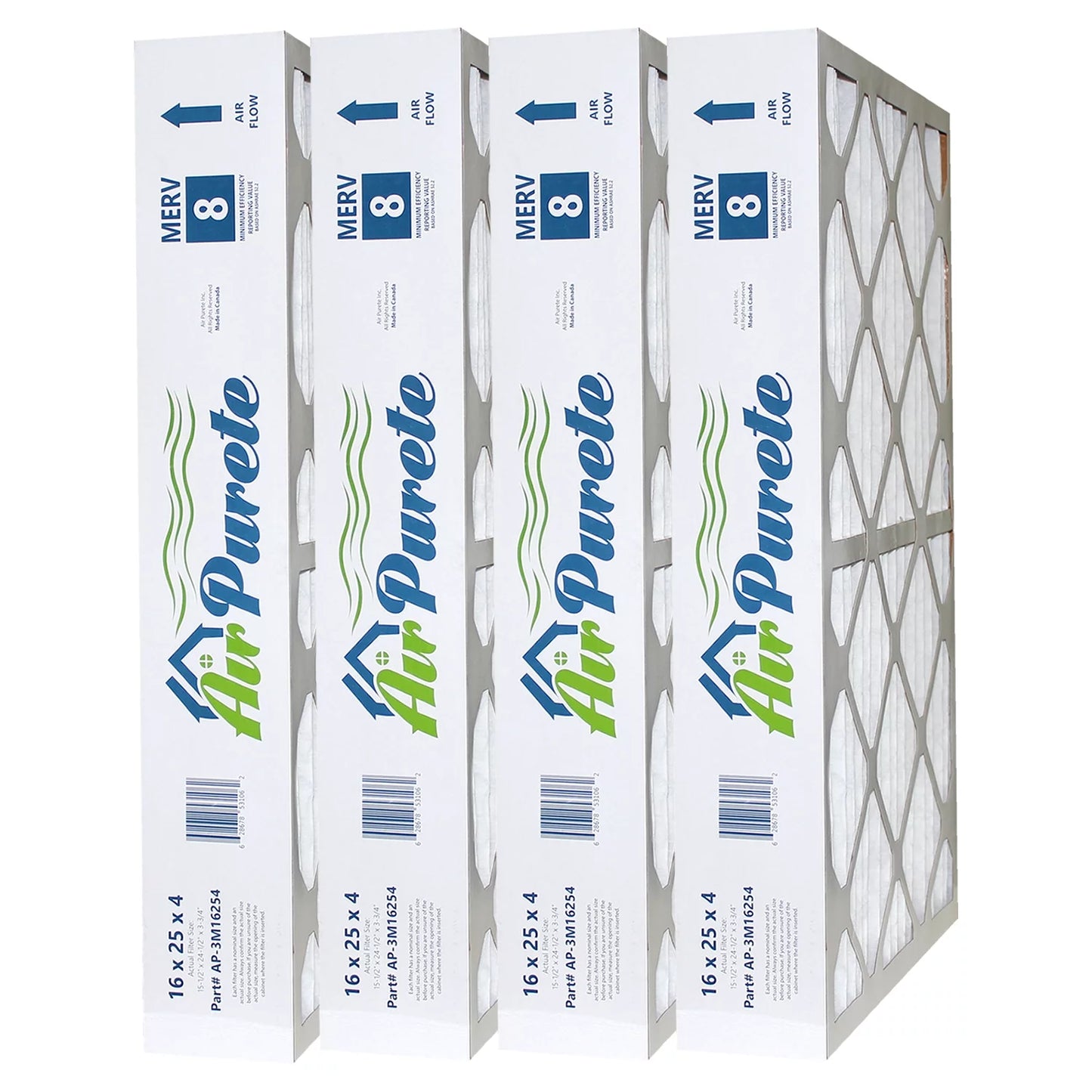 AirPurete Furnace Filters AP-3M16254 | Pack of 4 | Nominal Sizeize: 16x25x4 | Actual Sizeize: 15-1/2" x 24-1/2" x 3-3/4" | High Capacity MERV 8