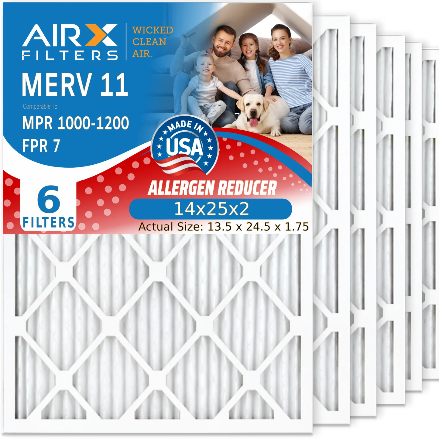 14x25x2 Air Filter MERV 11 Comparable to MPR 1000, MPR 1200 & FPR 7 Electrostatic Pleated Air Conditioner Filter 6 Pack HVAC Premium USizeA Made 14x25x2 Furnace Filters by AIRX FILTERSize WICKED CLEAN AIR.