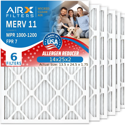 14x25x2 Air Filter MERV 11 Comparable to MPR 1000, MPR 1200 & FPR 7 Electrostatic Pleated Air Conditioner Filter 6 Pack HVAC Premium USizeA Made 14x25x2 Furnace Filters by AIRX FILTERSize WICKED CLEAN AIR.