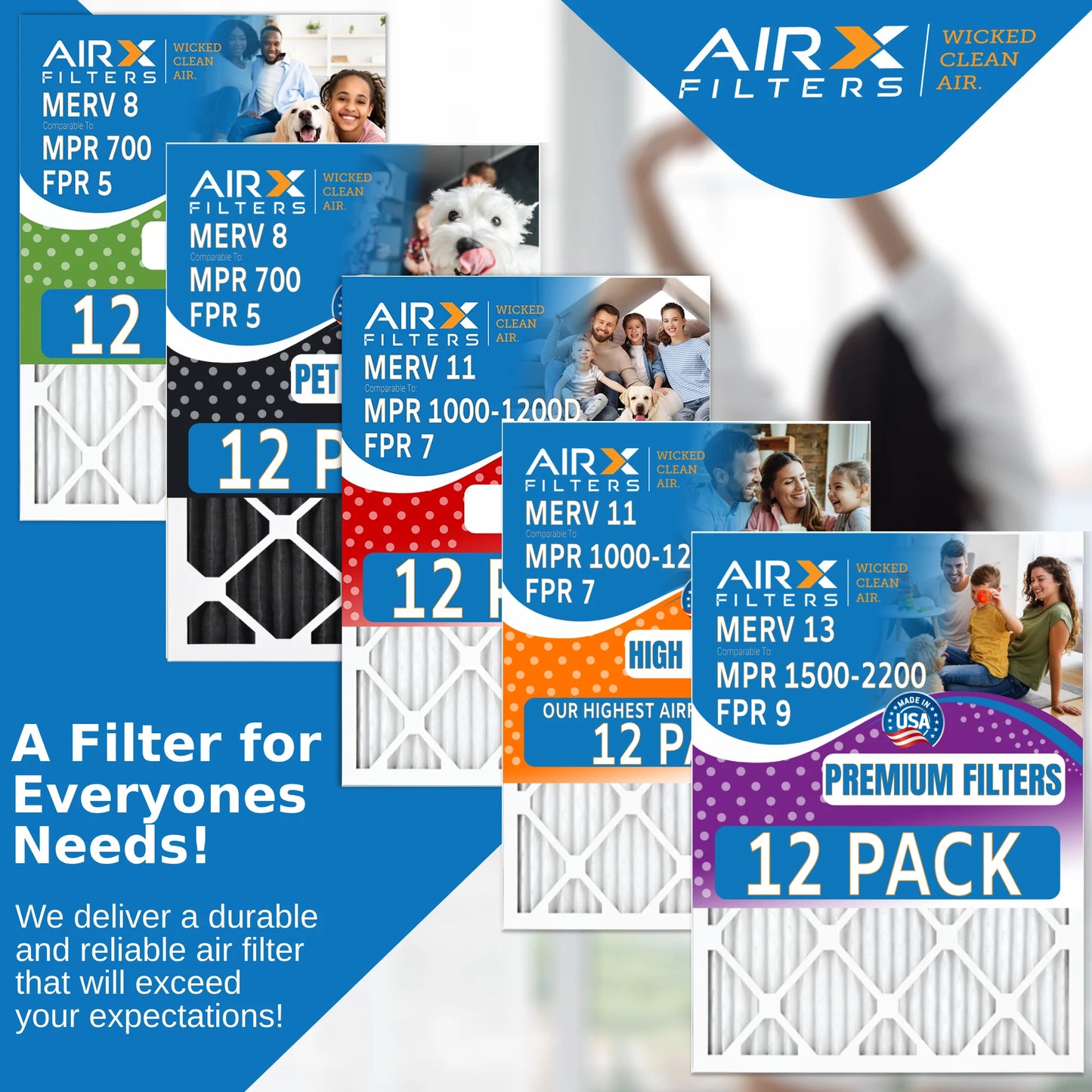 14x25x1 Air Filter MERV 8 Rating, 12 Pack of Furnace Filters Comparable to MPR 700 & FPR 5 - Made in USizeA by AIRX FILTERSize WICKED CLEAN AIR.