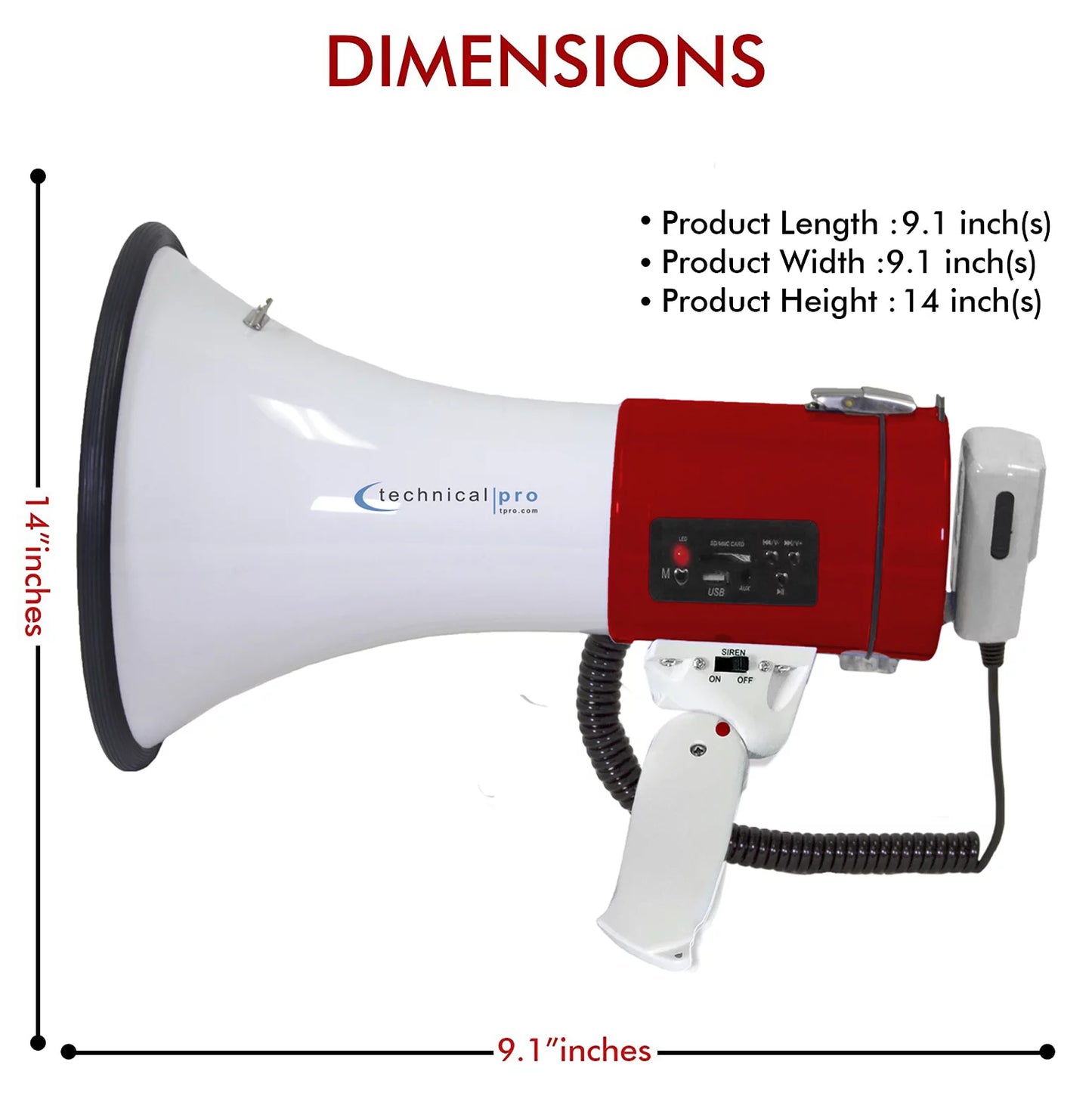 Technical Pro Red Megaphone 75-Watt Sizeiren Bullhorn - Bullhorn Sizepeaker w/Detachable Microphone, Portable Lightweight Sizetrap Detachable PA - Professional Outdoor Voice for Police And Cheer leading