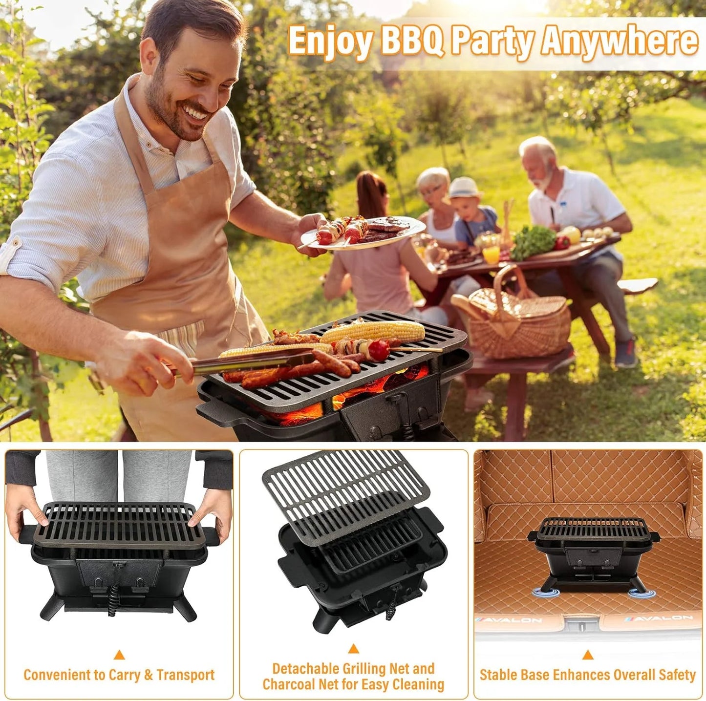 Charcoal Grill Hibachi Grill, Portable Cast Iron Grill with Double-sided Grilling Net, Air Regulating Door, Fire Gate, BBQ Grill Perfect for Outdoor Picnic Camping Patio Backyard Cooking