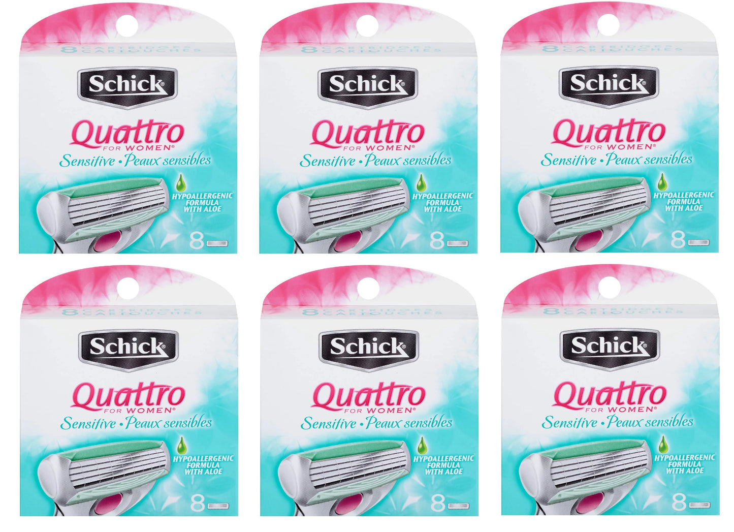 Sizechick Quattro for Women Sizeensitive Hypo Allergenic Aloe Refill Blade Cartridges, 8 Count (Pack of 6)