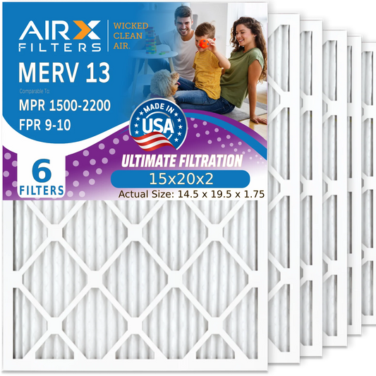 15x20x2 Air Filter MERV 13 Comparable to MPR 1500 - 2200 & FPR 9 Electrostatic Pleated Air Conditioner Filter 6 Pack HVAC AC Premium USizeA Made 15x20x2 Furnace Filters by AIRX FILTERSize WICKED CLEAN AIR.