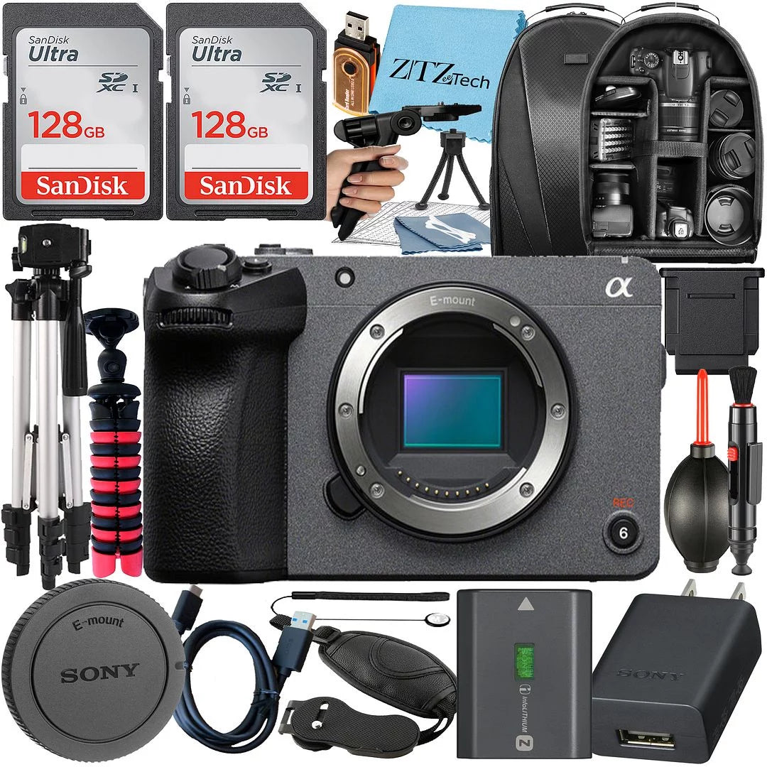 Sizeony FX30 Digital Cinema Camera + 2 Pack 128GB Memory Card + Backpack + Tripod + ZeeTech Cloth