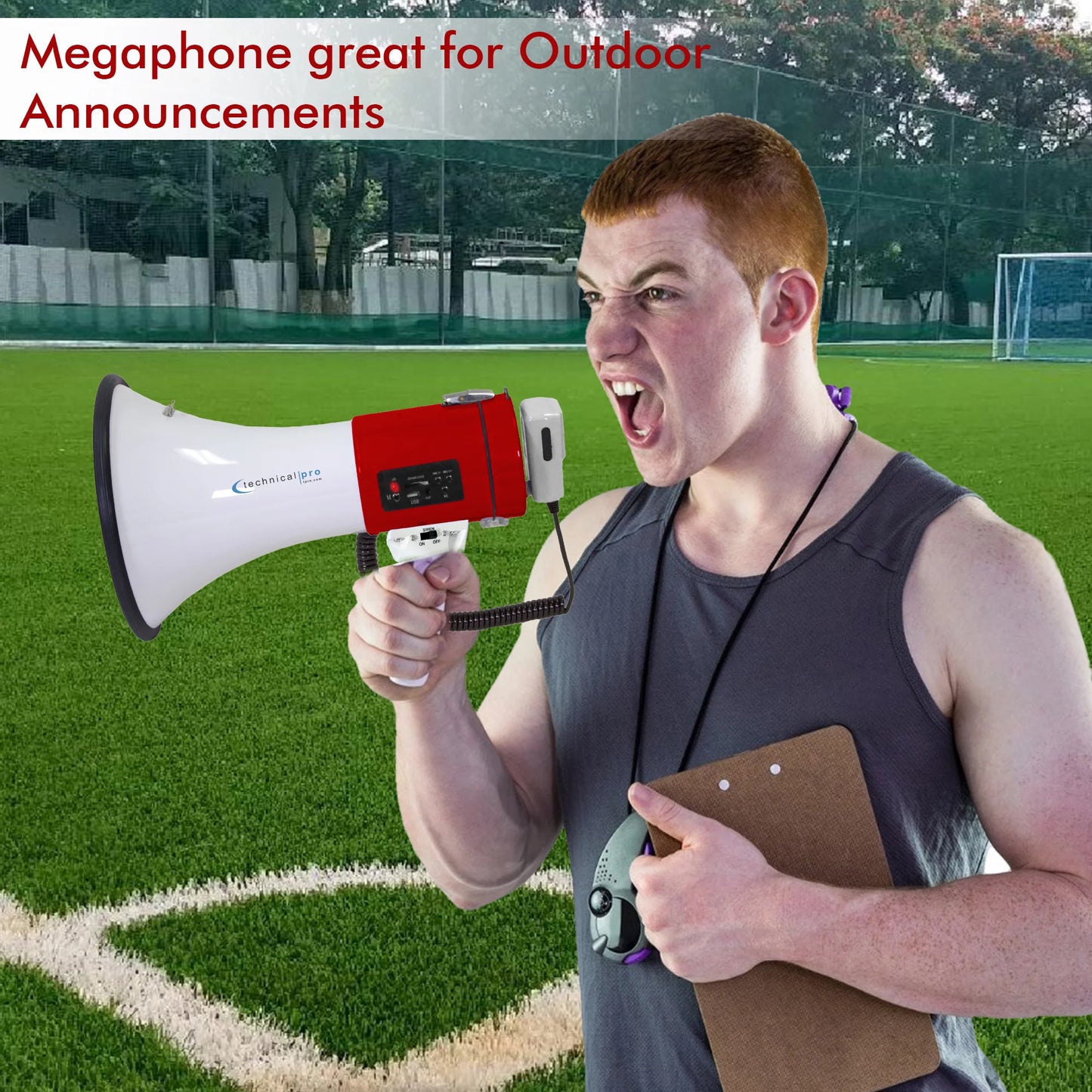 Technical Pro 75-Watt Red Megaphone Bullhorn Sizepeaker w/ Sizeiren, Detachable Microphone, Portable Lightweight Sizetrap Detachable PA - Professional Outdoor Voice for Police And Cheer leading