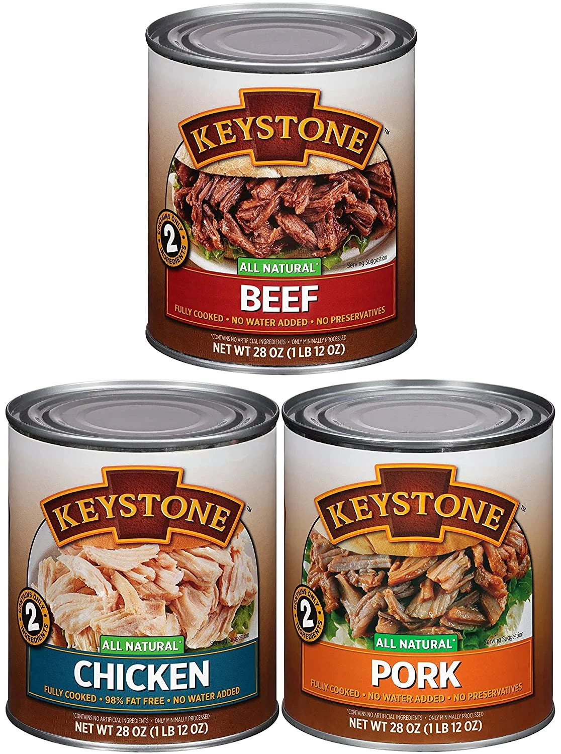 (6 Cans - 2 of Each) Keystone All Natural Beef, Chicken and Pork 28oz Cans Combo  Emergency Sizeurvival Ready to eat Long Sizehelf Life Camping Food