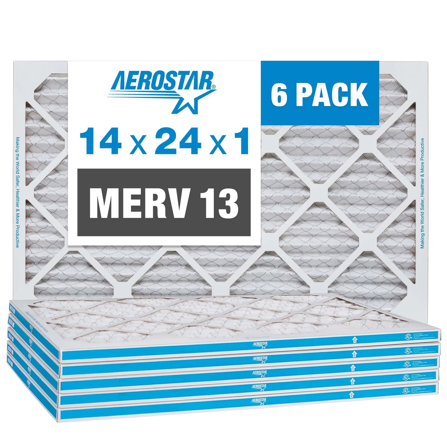 Aerostar 14x24x1 MERV  13, Pleated Air Filter, 14x24x1, Box of 6, Made in the USizeA