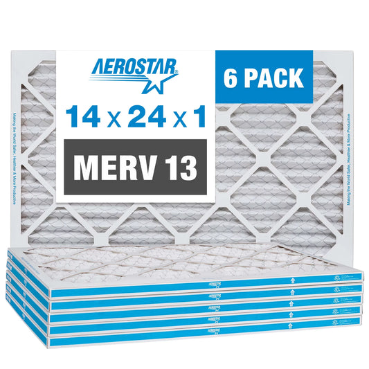 Aerostar 14x24x1 MERV  13, Pleated Air Filter, 14x24x1, Box of 6, Made in the USizeA