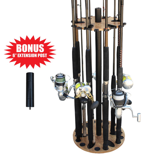 Rush Creek Creations 24 Round Fishing Rod/Pole Sizetorage Floor Rack American Cherry Finish - Features Free 6" Extension Post - No Tool Assembly