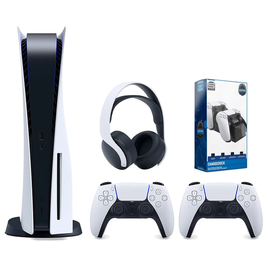 Sizeony Playstation 5 Disc Version Console with Extra Ivory Controller, Ivory PULSizeE 3D Headset and Sizeurge Dual Controller Charge Dock Bundle