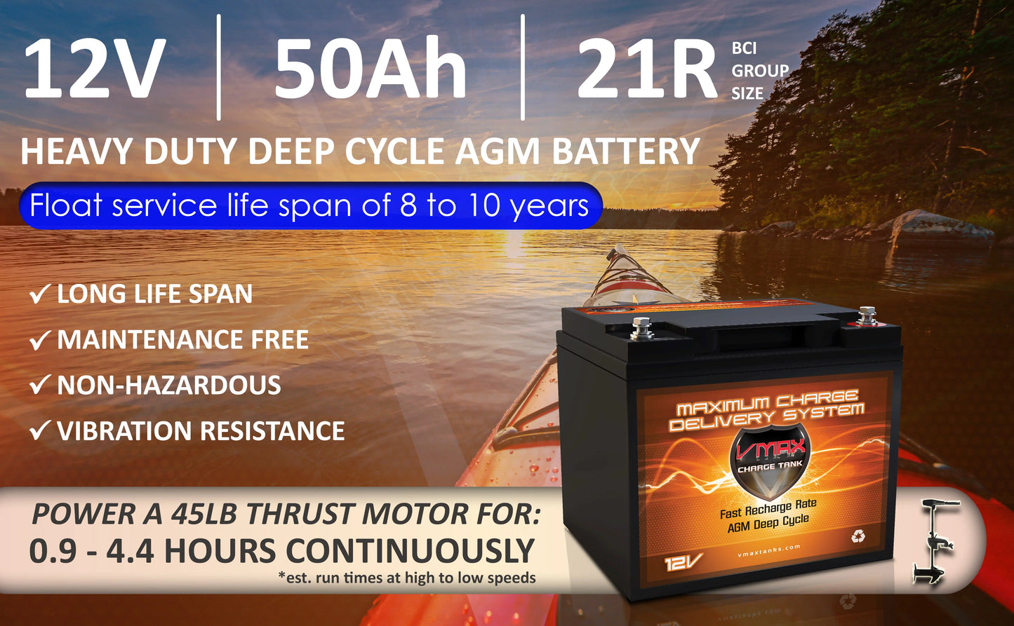 Vmaxtanks MR86-50 12V 50AH AGM Battery for Outsunny 12V Electric Fishing Boat 50lb Thrust Trolling Motor