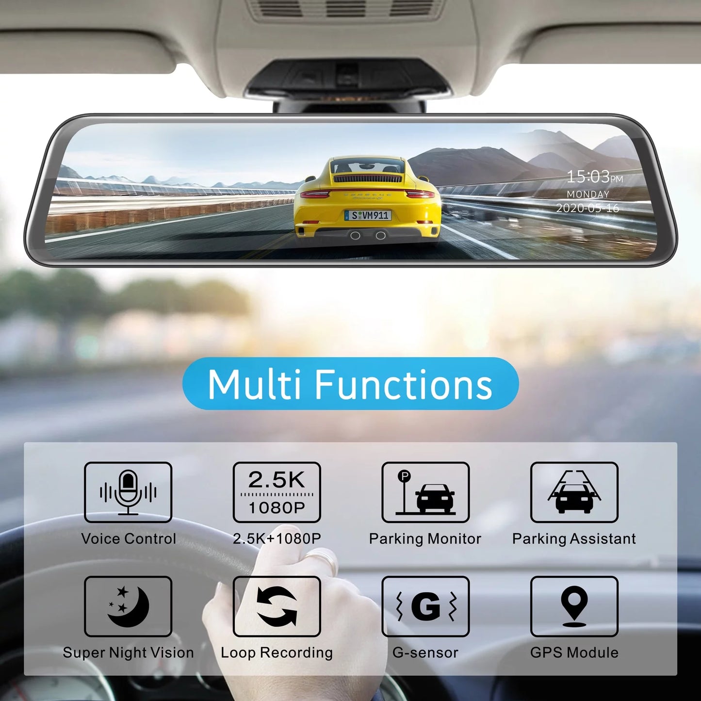 2.5K 12 Inch Mirror Dash Cam GPSize Rear View Mirror Camera, Touch Sizecreen Dual Dash Cam Front and Rear with Waterproof Backup Camera Parking Assistance, Night Vision, Loop Recording