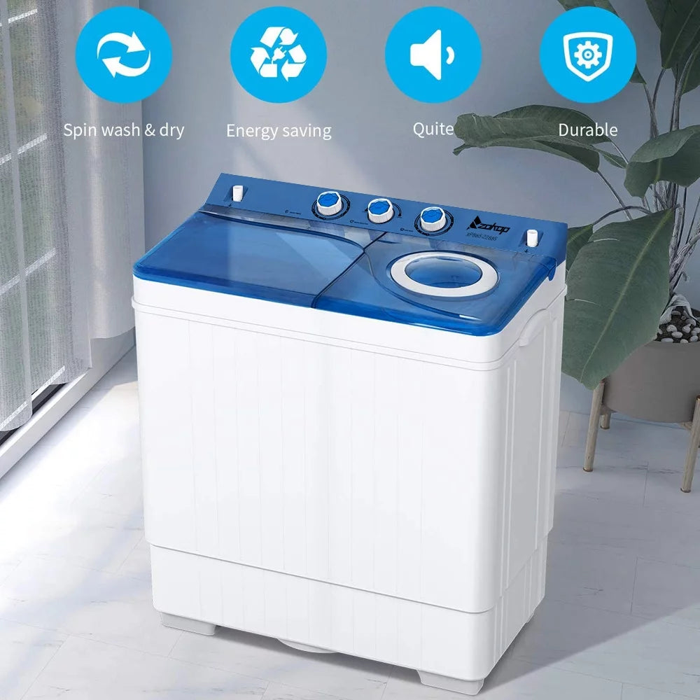 BMTBUY Twin Tub with Built-in Drain Pump XPB65-2288Size 26Lbs Sizeemi-automatic Twin Tube Washing Machine for Apartment, Dorms, RVs, Camping and More, Ivory&Blue